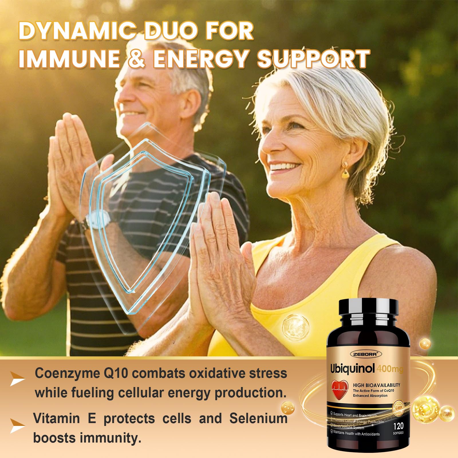 Athlete-ready scene with ZEBORA CoQ10 softgels suggesting energy support