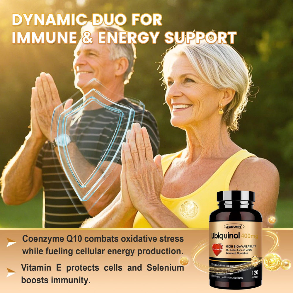 Athlete-ready scene with ZEBORA CoQ10 softgels suggesting energy support