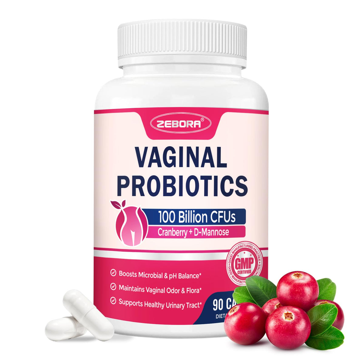 ZEBORA vaginal probiotics 100b CFUs bottle supports feminine balance and digestive health