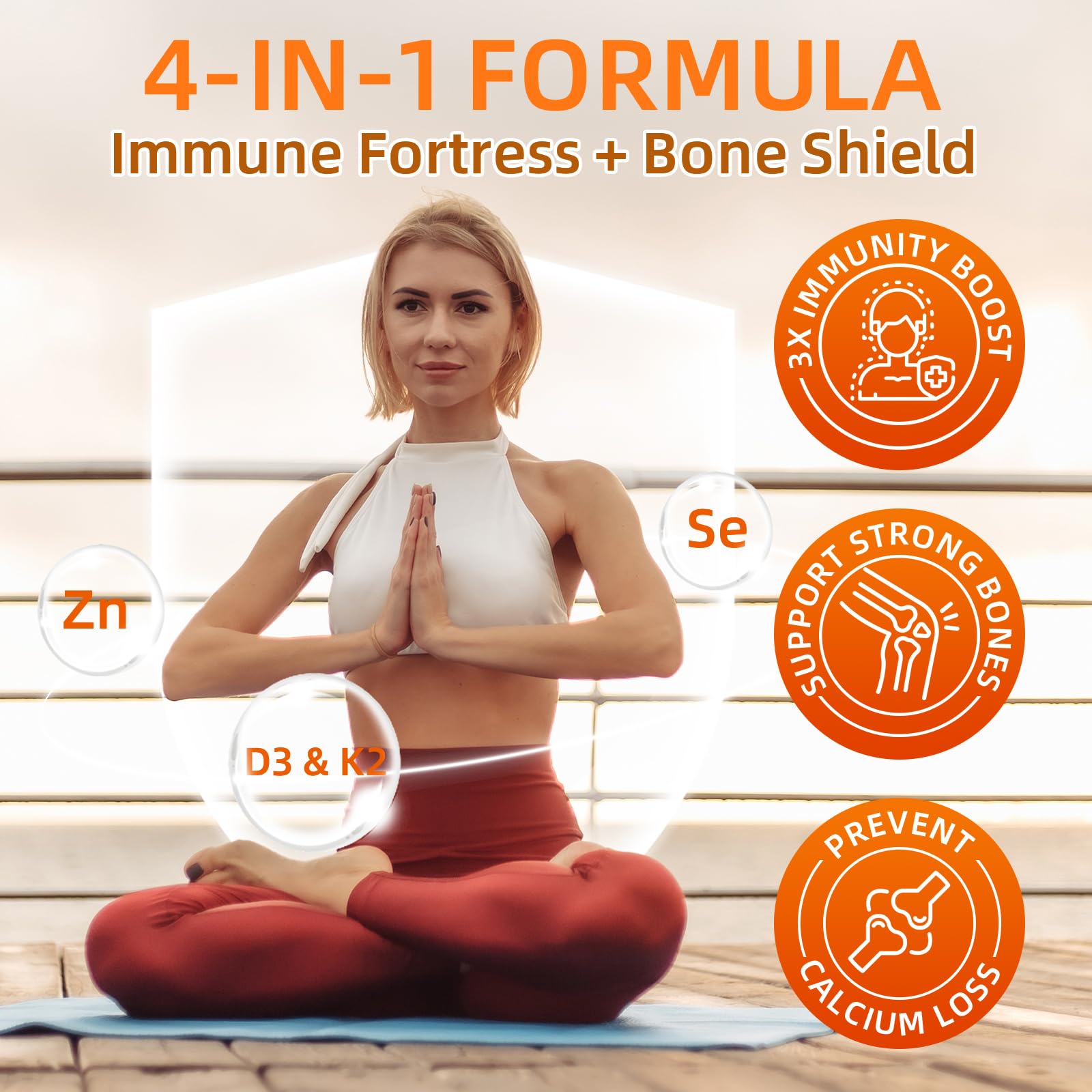 ZEBORA immune support visuals emphasize zinc and selenium alongside D3 and K2.