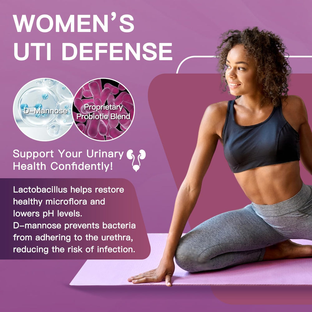 ZEBORA women's probiotics D-Mannose bottle demonstrating urinary and gut balance benefits