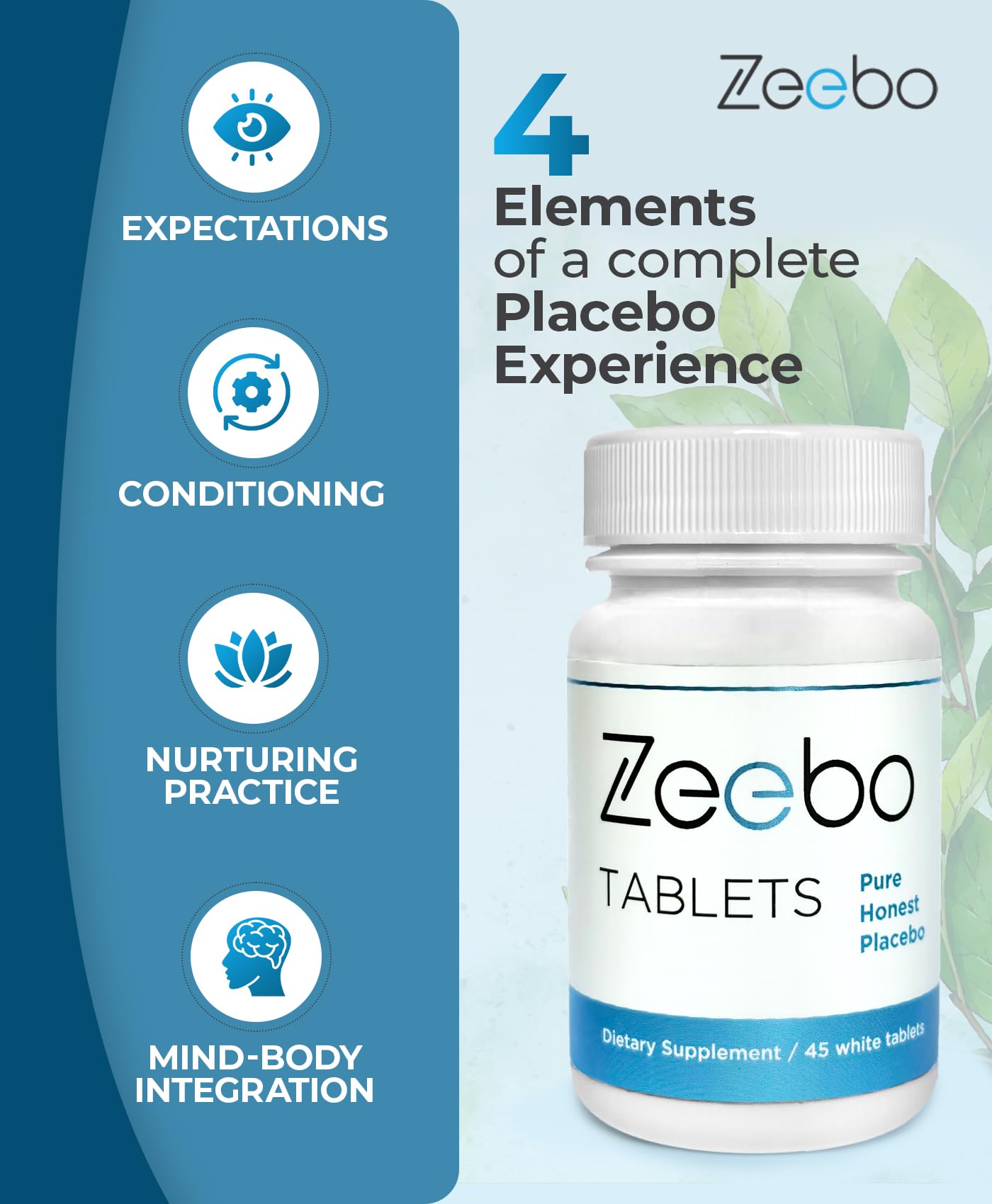 Zeebo Placebo blue-white capsules close-up suggest energy and focus.