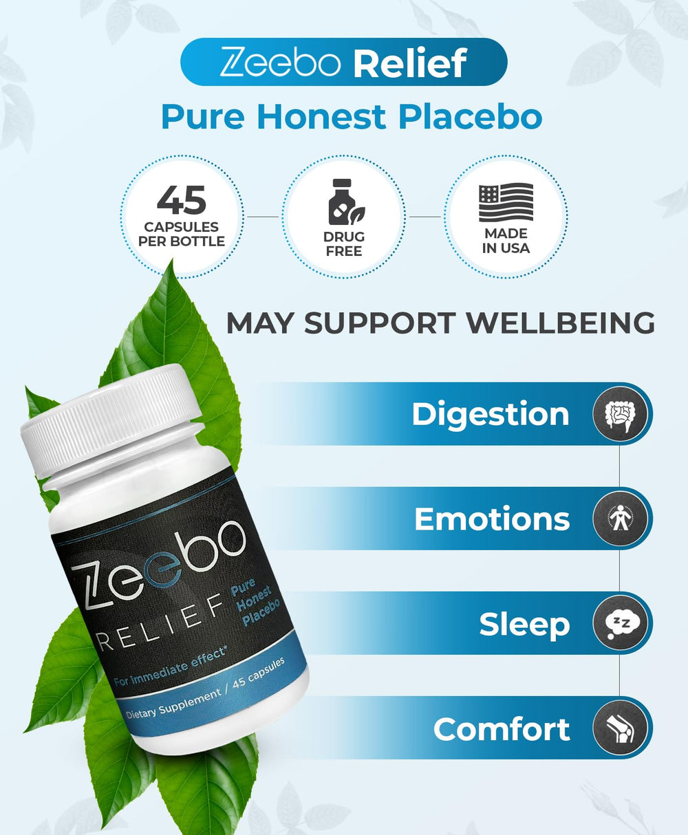 Zeebo Placebo Pills bottle close-up highlighting tamper-proof packaging.