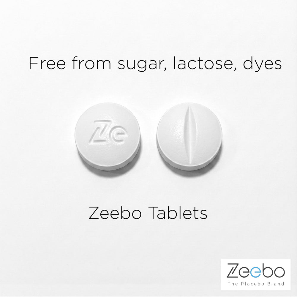 Zeebo Placebo white capsule bottle promoting clarity and calm.