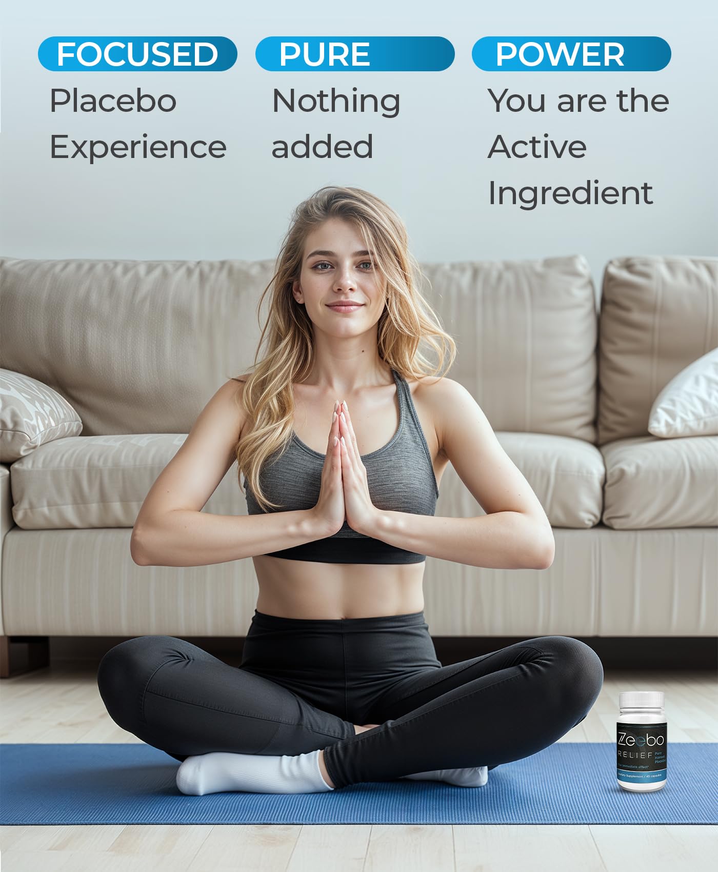 Zeebo Placebo Pills container front with 45-unit bottle and label.