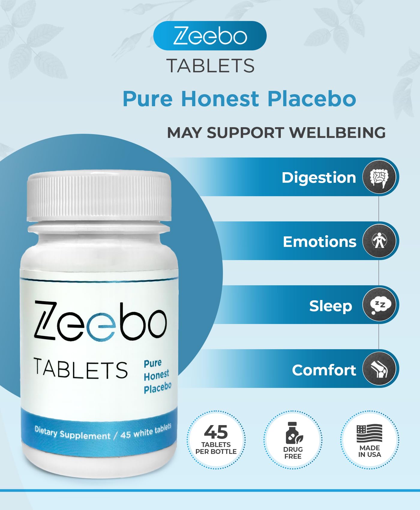 Zeebo Placebo pills container label close-up supporting consistent use.