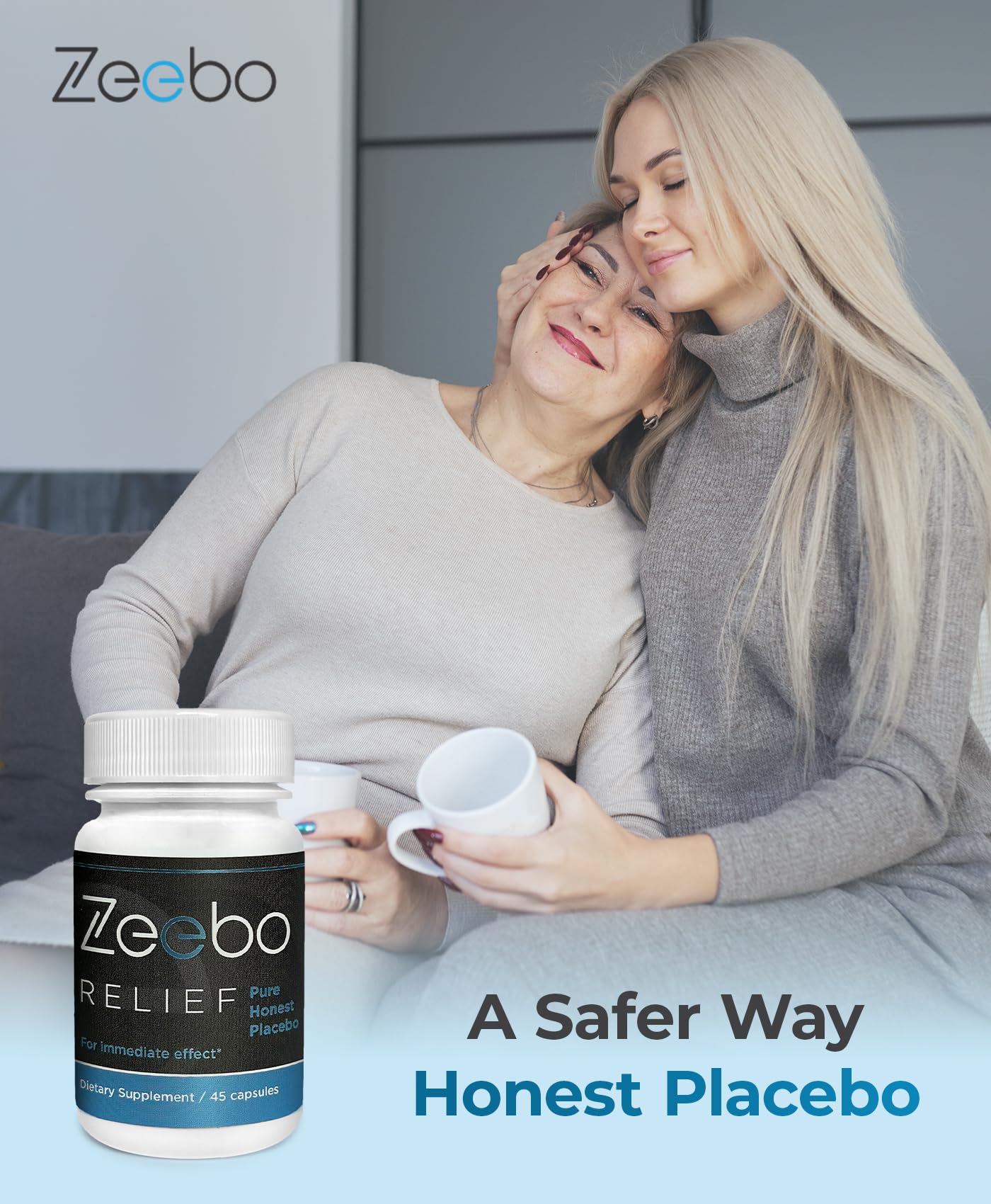 Zeebo Placebo Pills neckband sealed container signaling product protection.