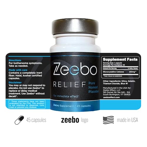 Zeebo Placebo Pills packaging label displays brand and available formats.