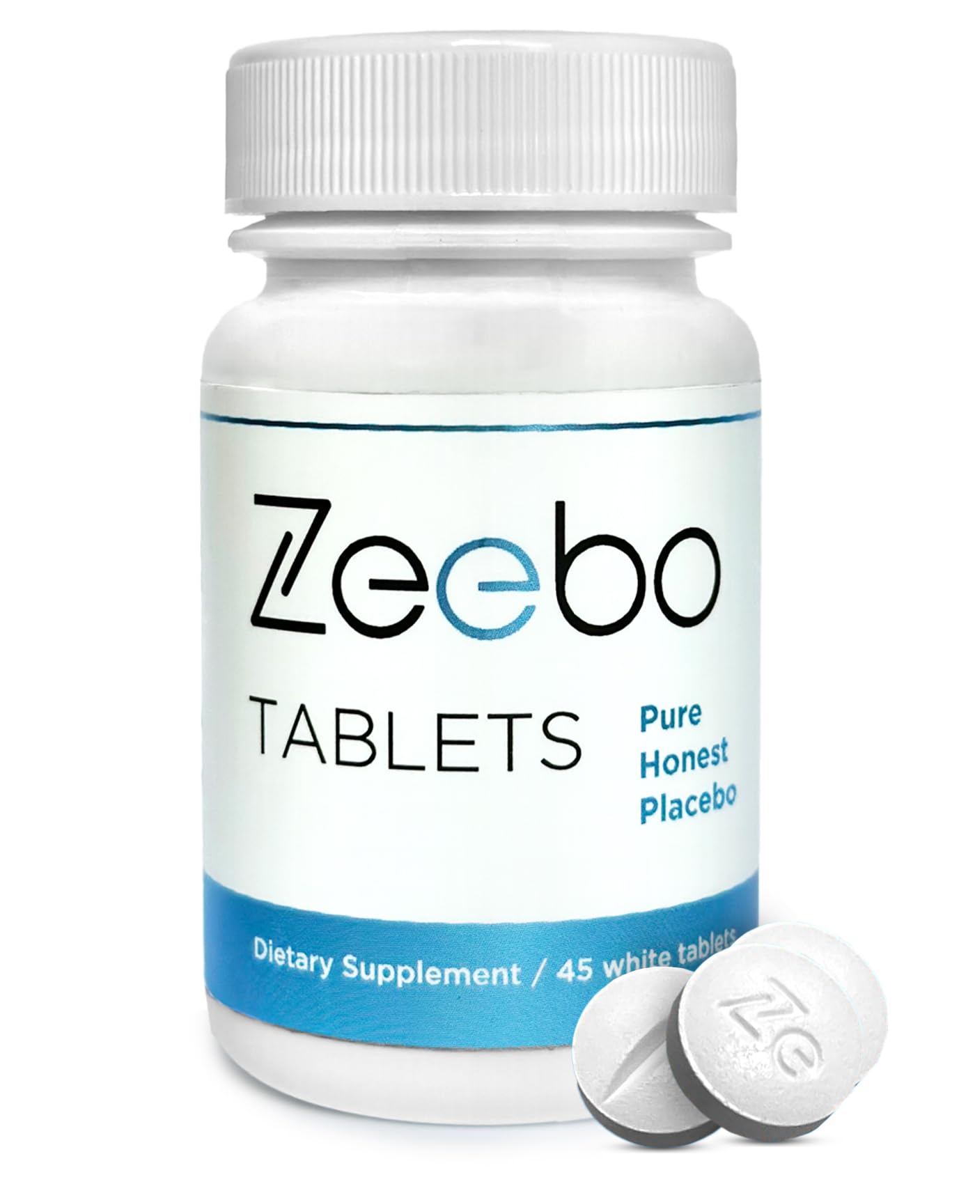 Zeebo Placebo pills bottle with white tablets for focused relief.