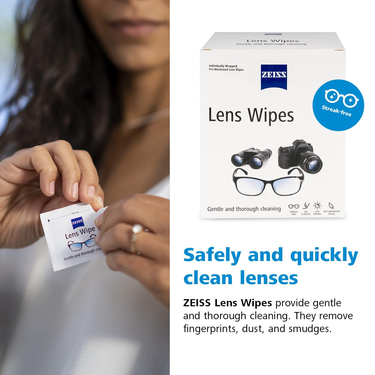 ZEISS camera lens wipes for quick, safe lens cleaning.