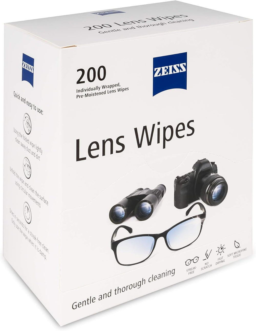 ZEISS individually wrapped wipes ideal for bag or car storage.