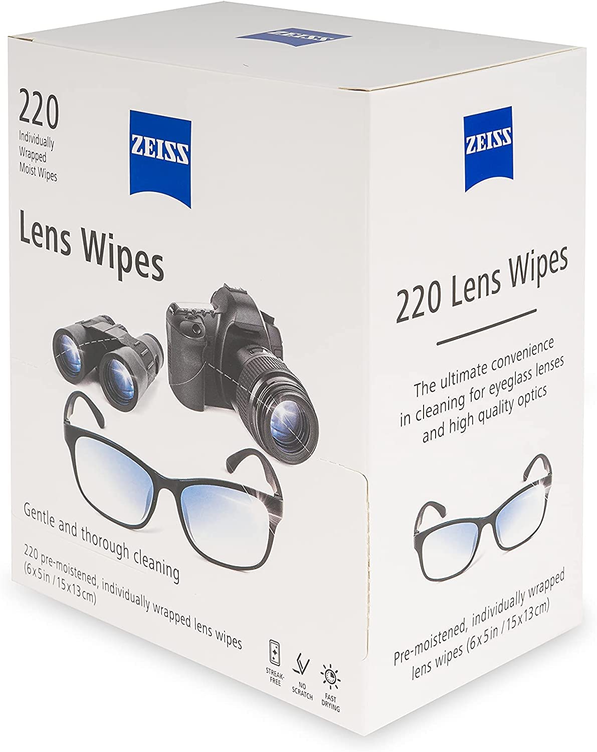 ZEISS lens wipes close-up showing pre-moistened formula for gentle cleaning on lenses.