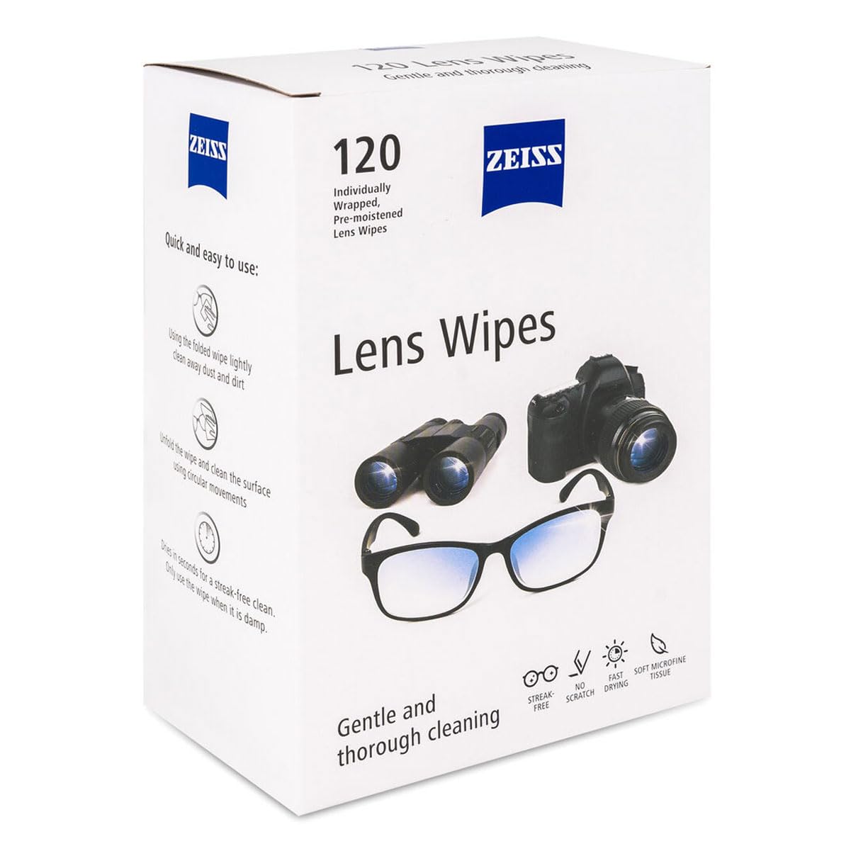 ZEISS Lens Wipes, individually wrapped, ideal for field cleaning of glasses and camera lenses.