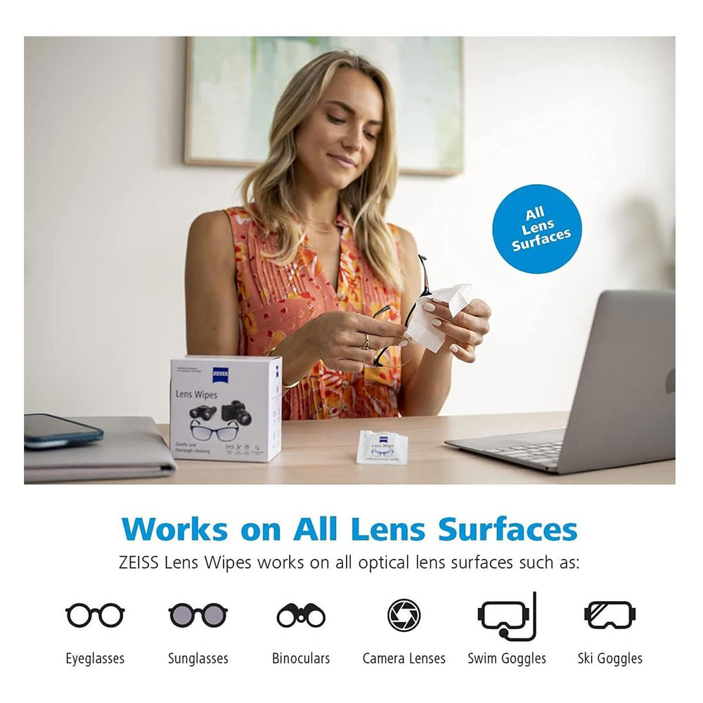 ZEISS long-lasting 120-wipe supply for frequent optical maintenance.