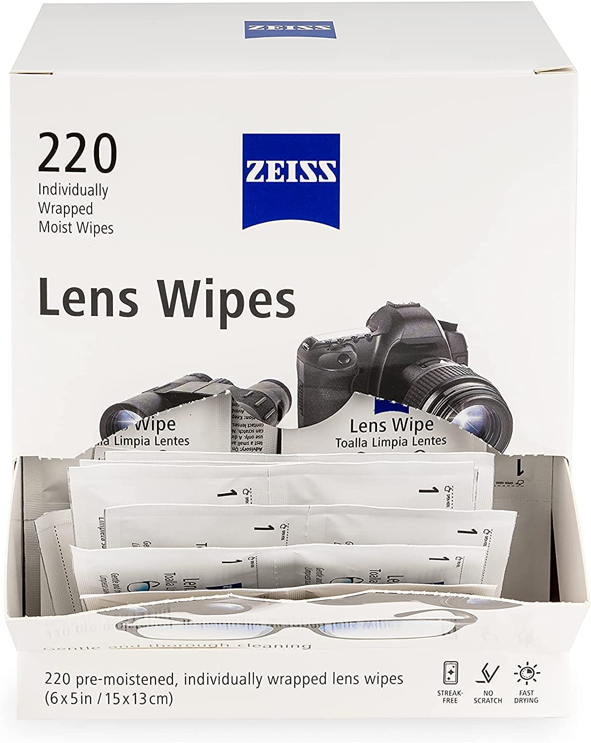 ZEISS individually wrapped wipes for portable, quick clean any time.