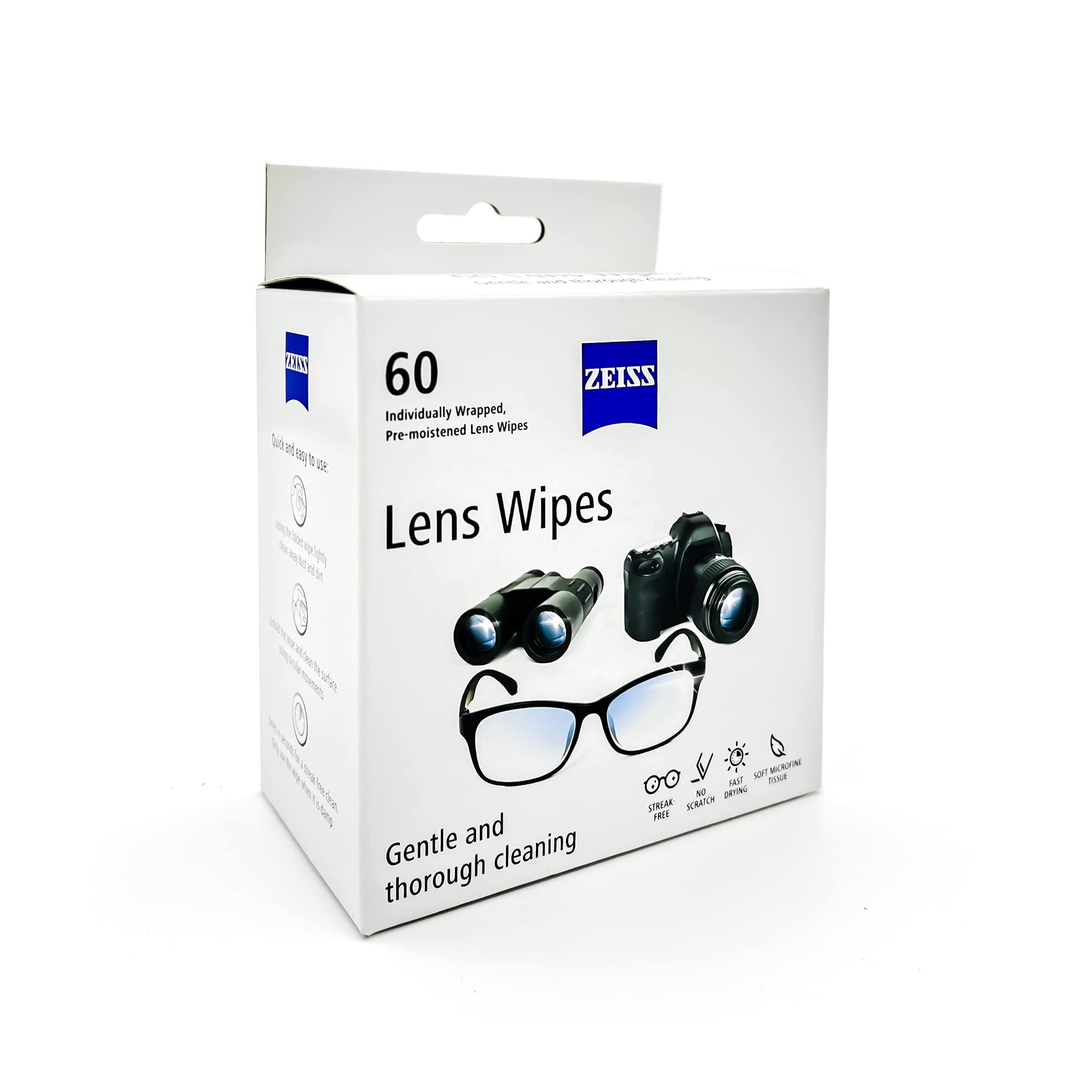 ZEISS Lens Wipes streak-free cleaning for glasses and optics.