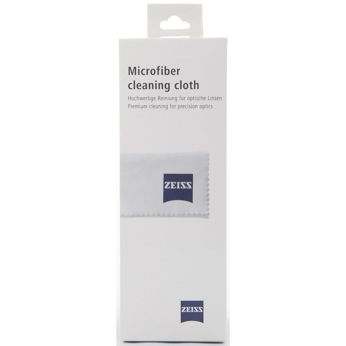 Zeiss Optics Cleaning Cloth on screen and lens, safe for coatings and quick wipe-down.