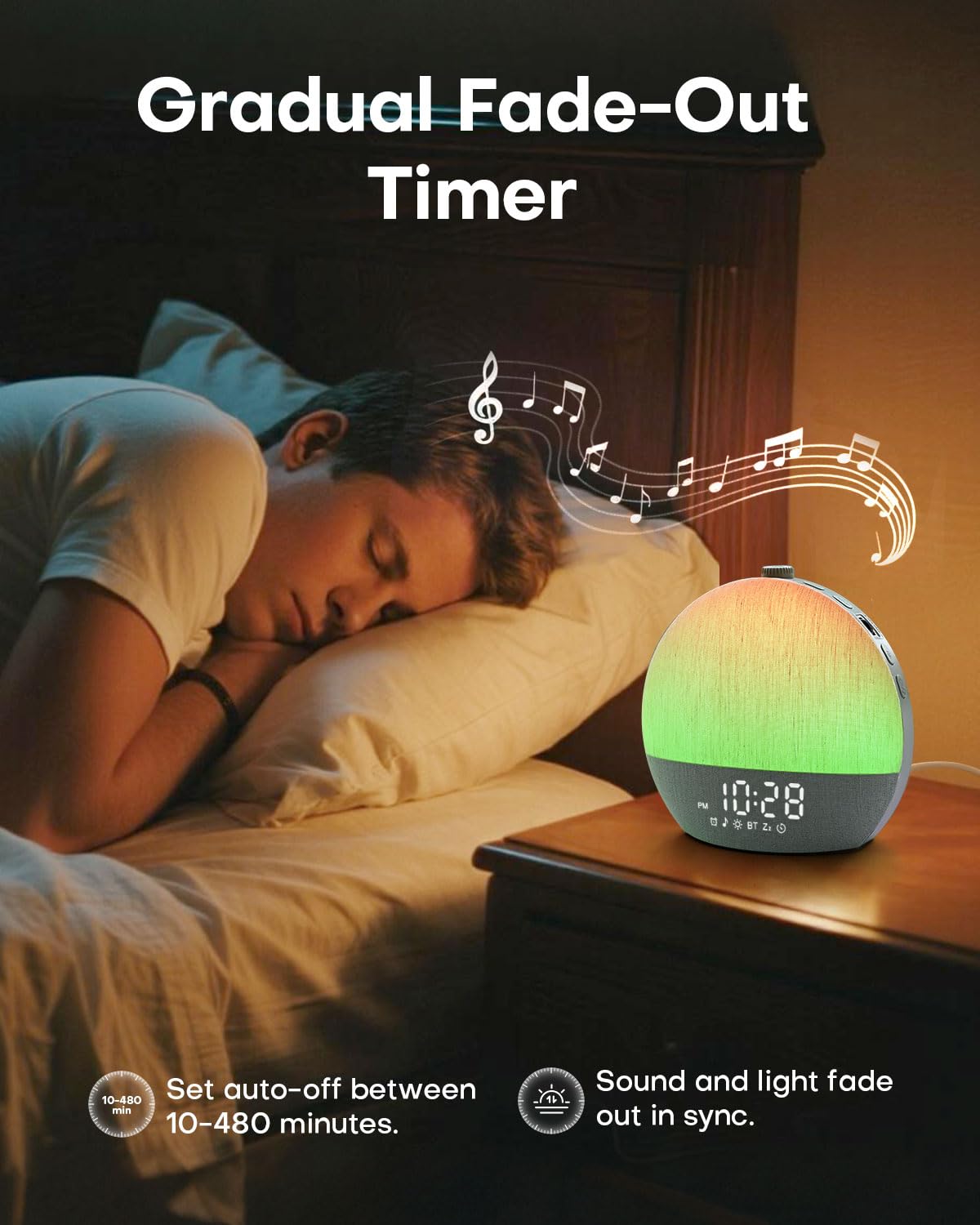 Zelaclock Sunrise Alarm Clock colorful light themes in action for mood setting.