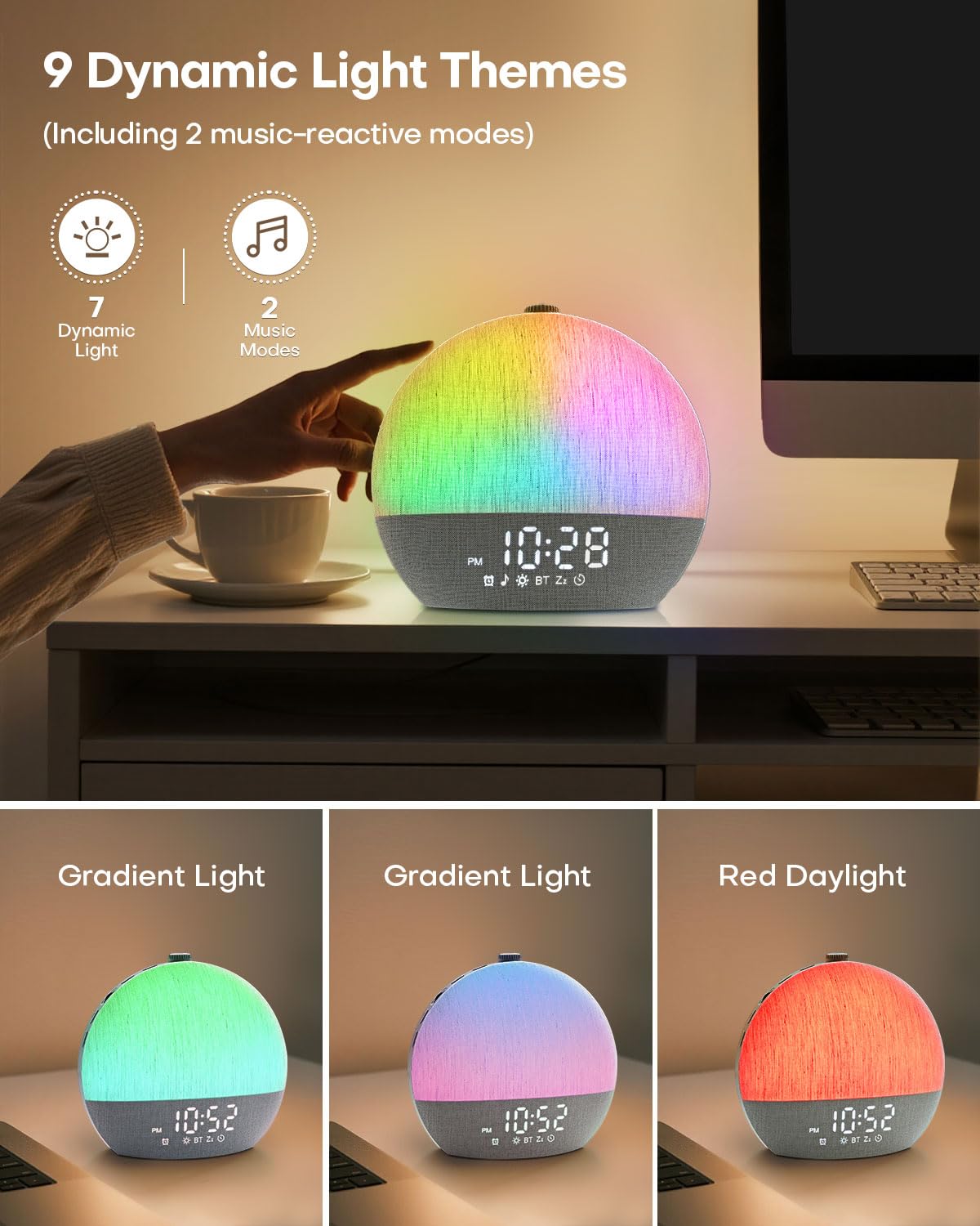 Zelaclock Sunrise Alarm Clock display lit for easy visibility in the dark.