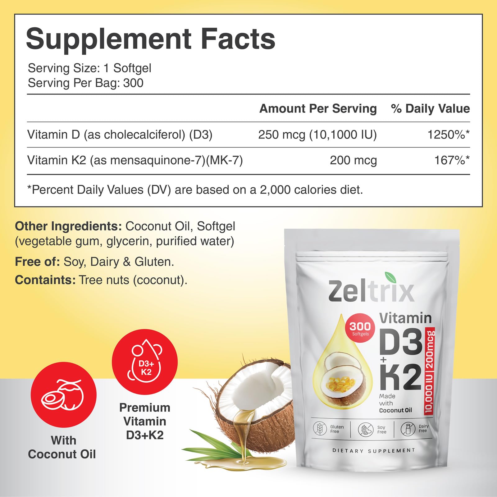Zeltrix D3 K2 softgels with coconut oil for enhanced absorption