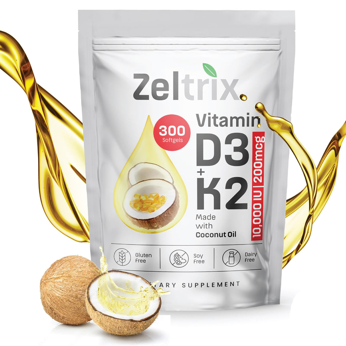 Zeltrix Vitamin D3 K2 softgels bottle highlights high potency calcium support