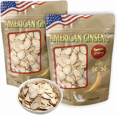 Zen Ginseng American slices 4oz bag front view with aroma and energy potential