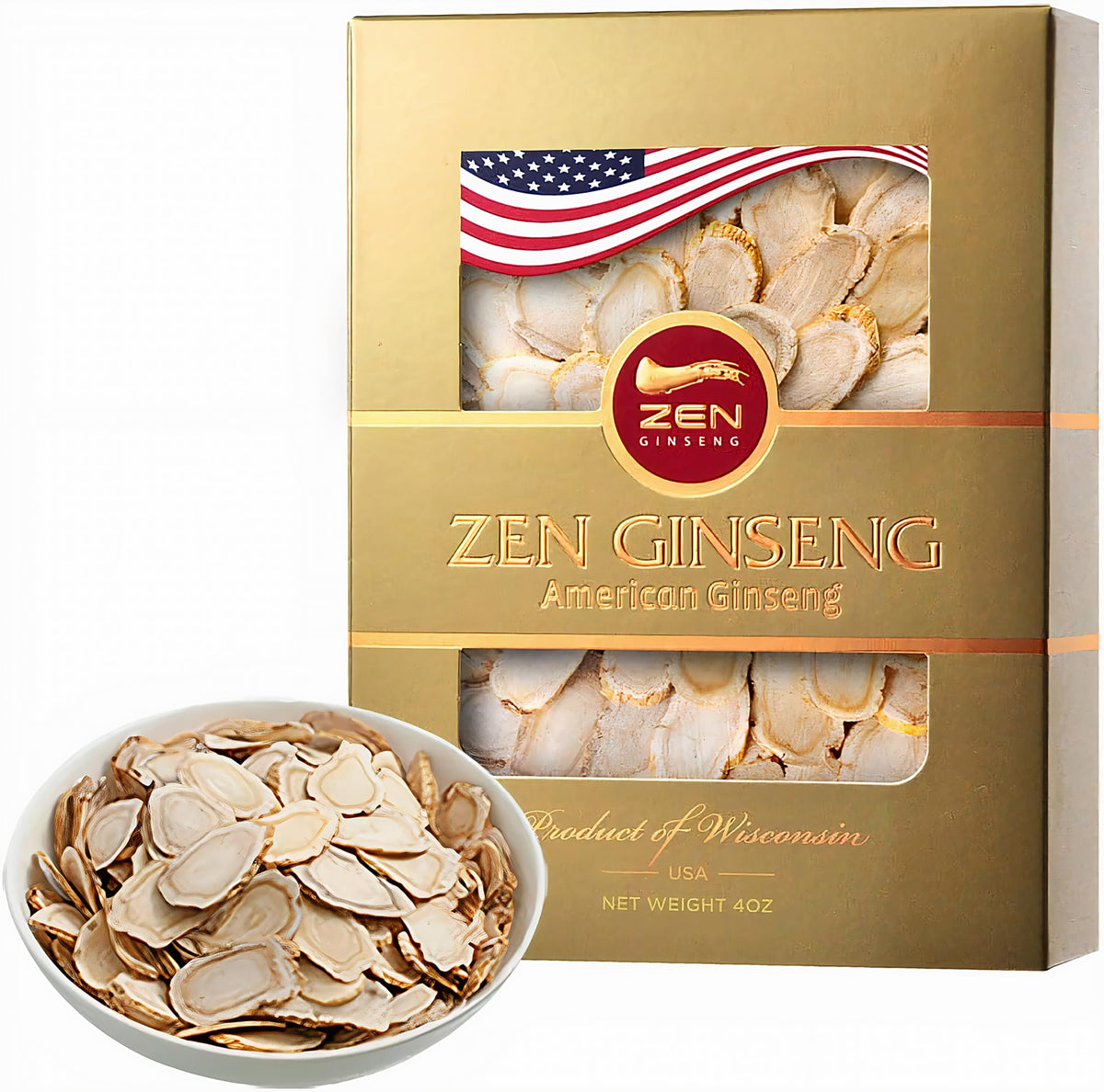 Zen Ginseng Wisconsin slices in a box suggesting energy support for daily routines.