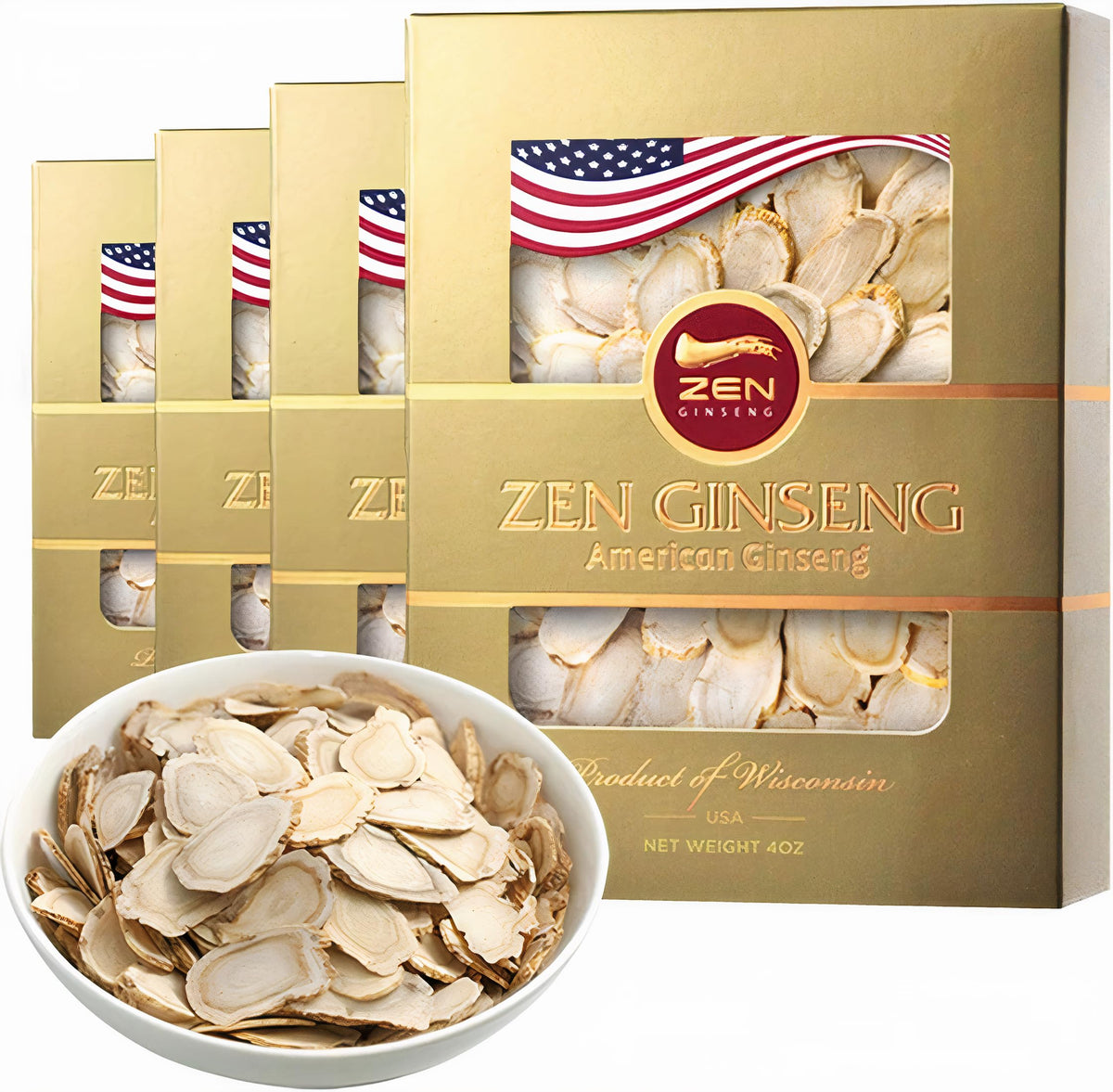 Zen Ginseng American Wisconsin slices packaging front view highlighting energy support.