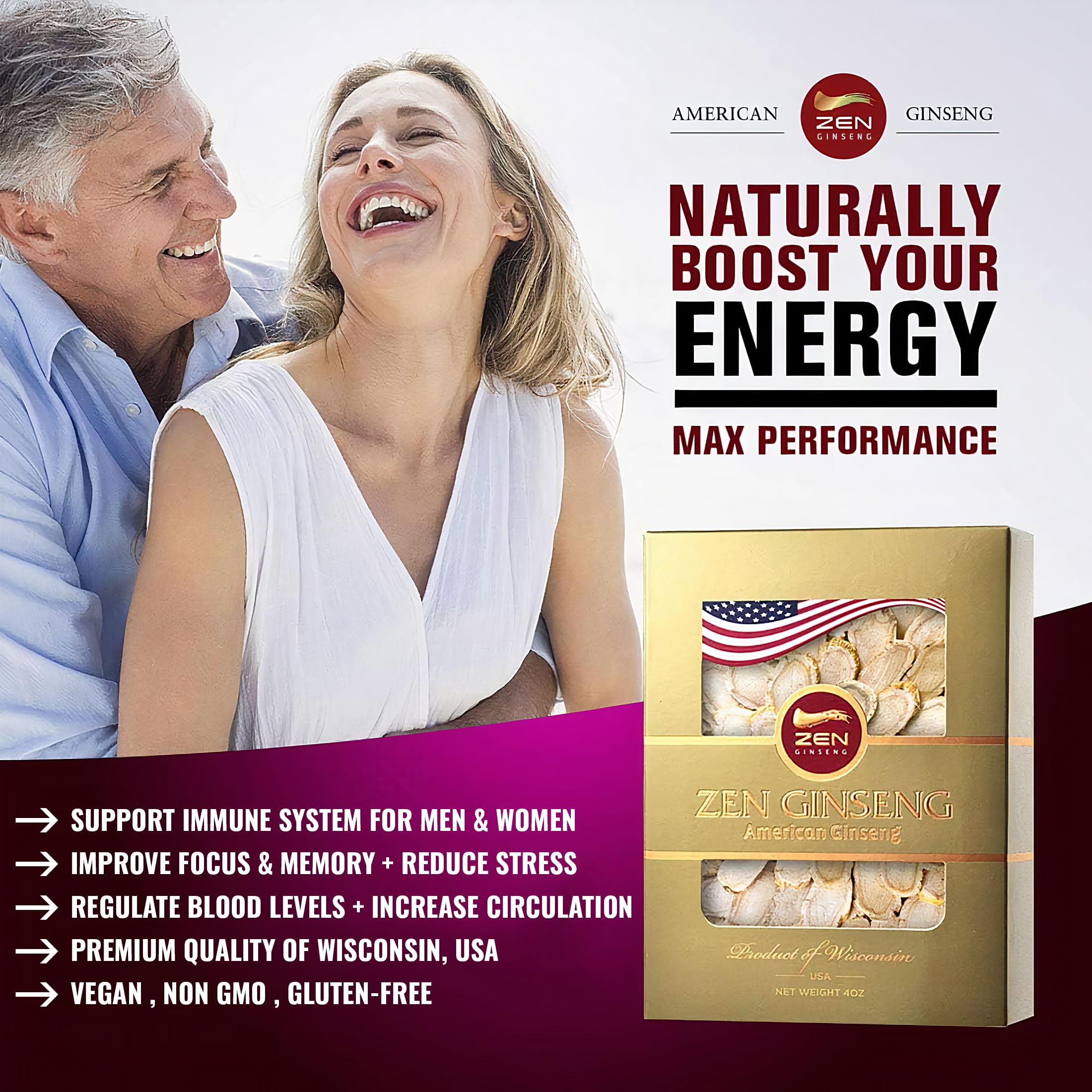 Zen Ginseng USA-made packaging highlights quality and US origin.