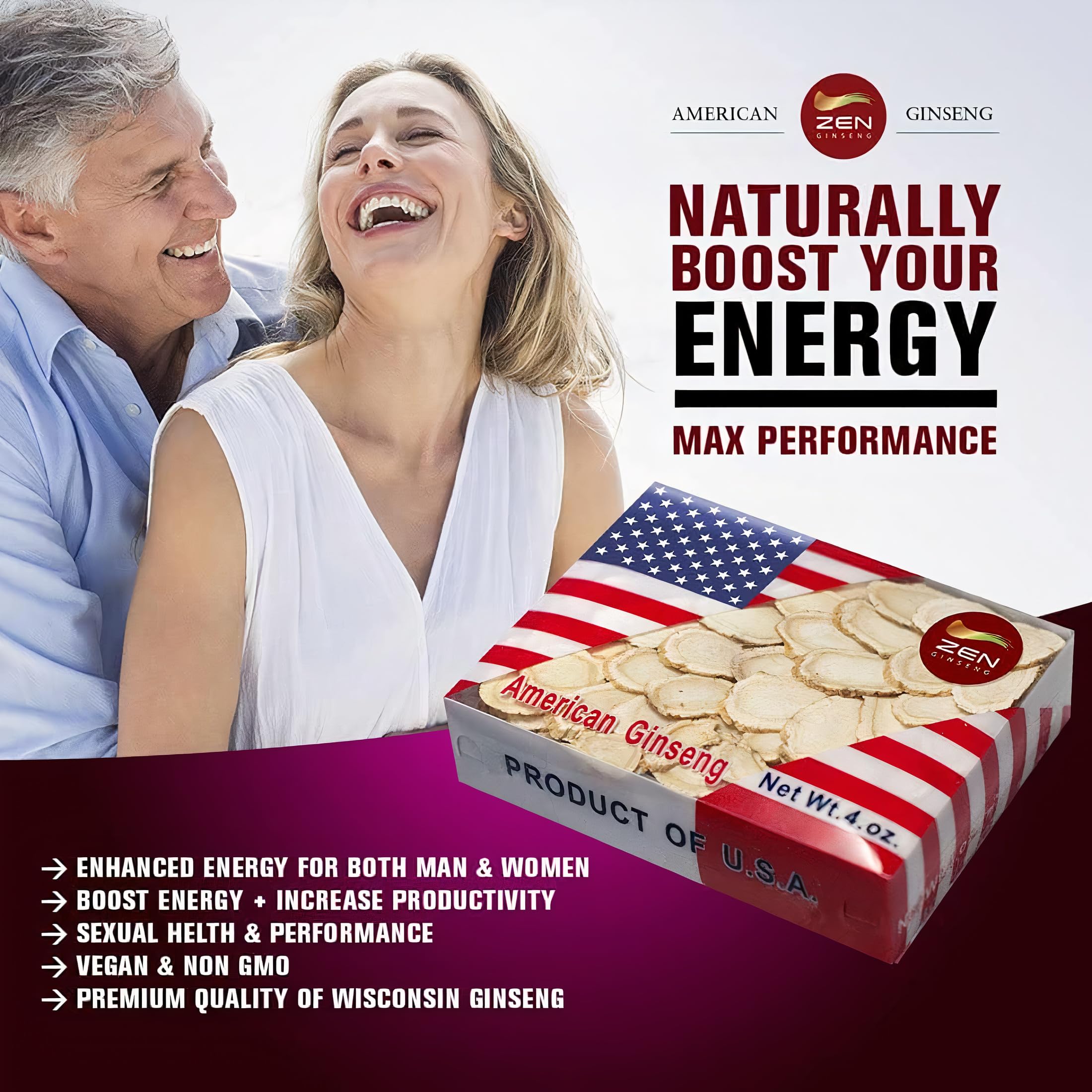 Zen Ginseng USA-made slices in bag emphasize non-GMO and sugar-free profile.