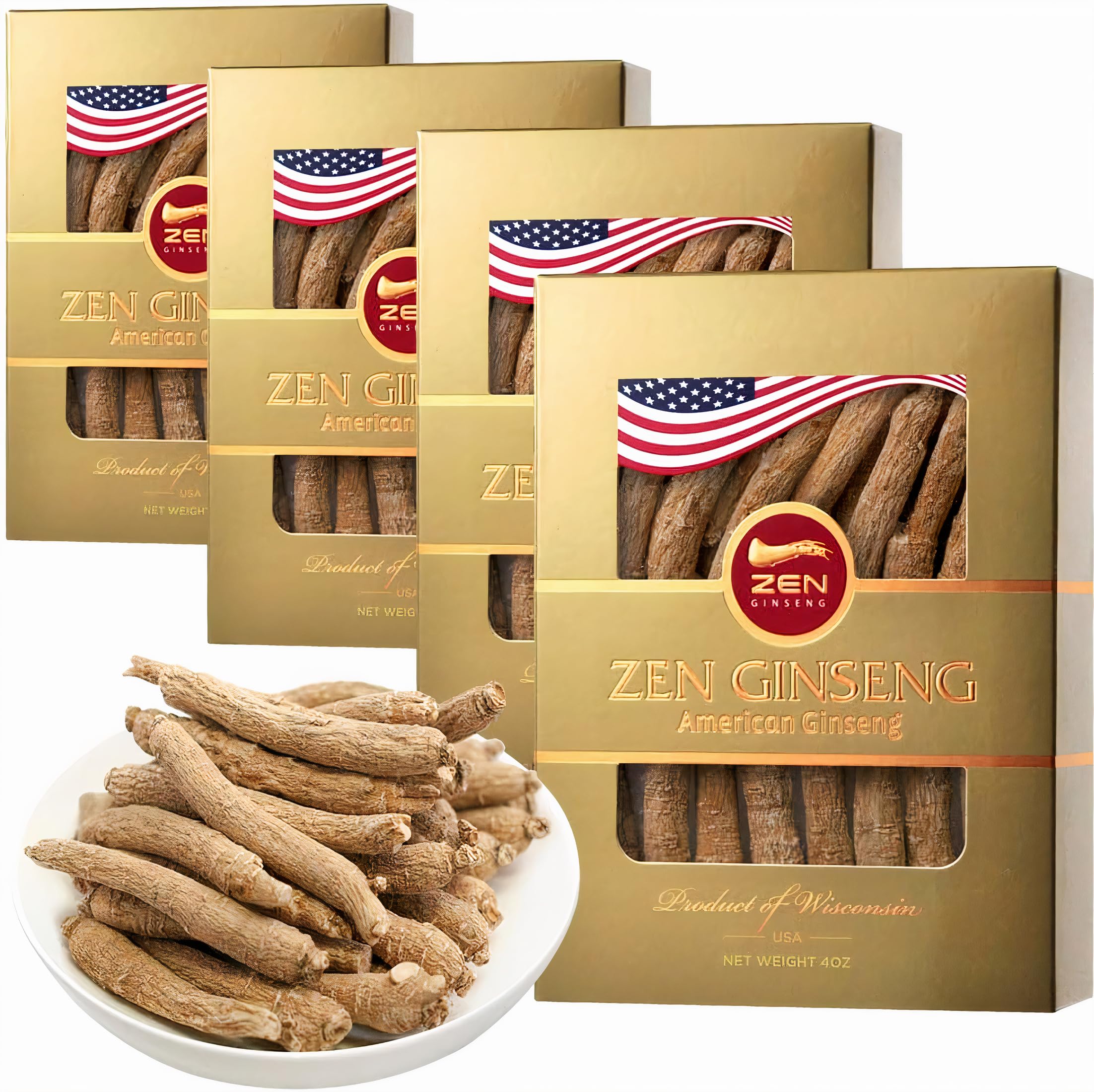 Zen Ginseng four-box Wisconsin ginseng set on display for energy support.