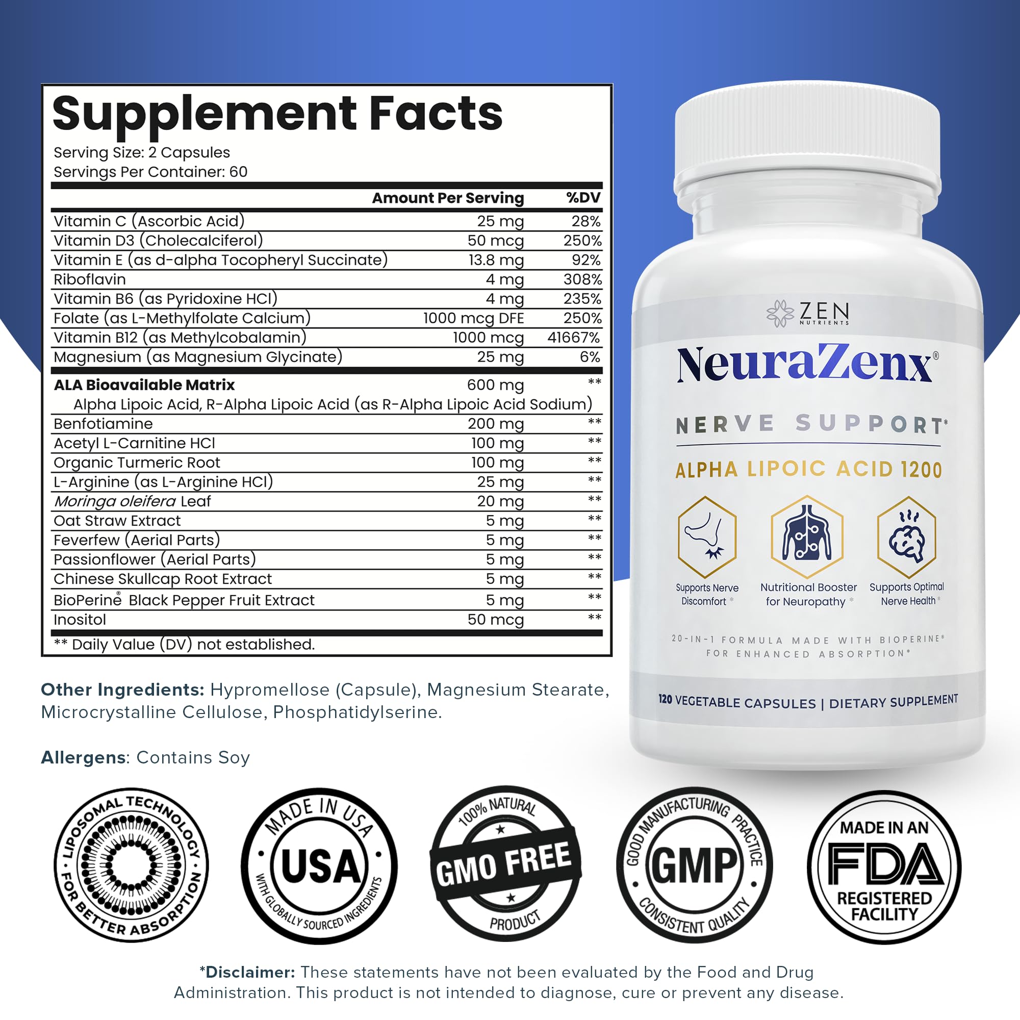 Zen Nutrients NeuraZenX capsules close-up highlighting nerve support benefits.
