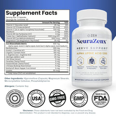 Zen Nutrients NeuraZenX capsules close-up highlighting nerve support benefits.