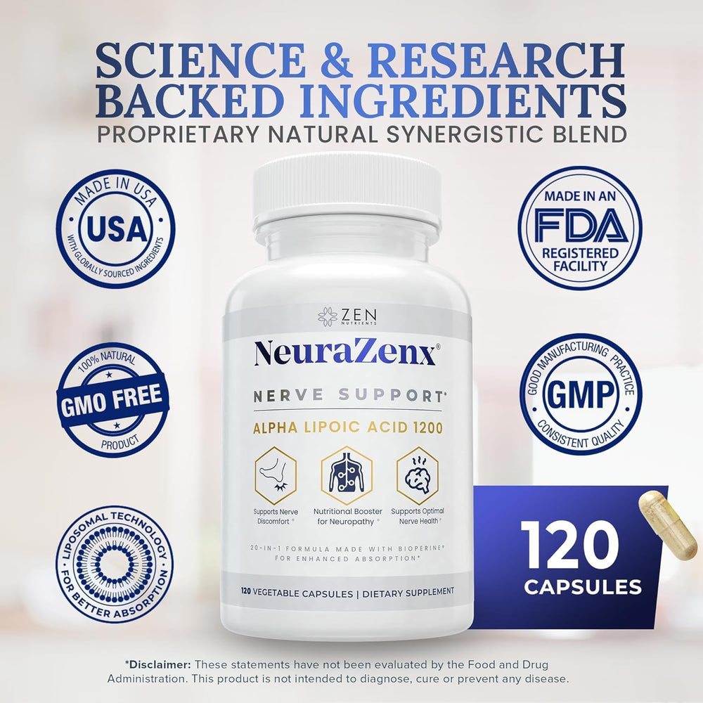 Zen Nutrients NeuraZenX gluten-free label on bottle indicates allergen-friendly formula.