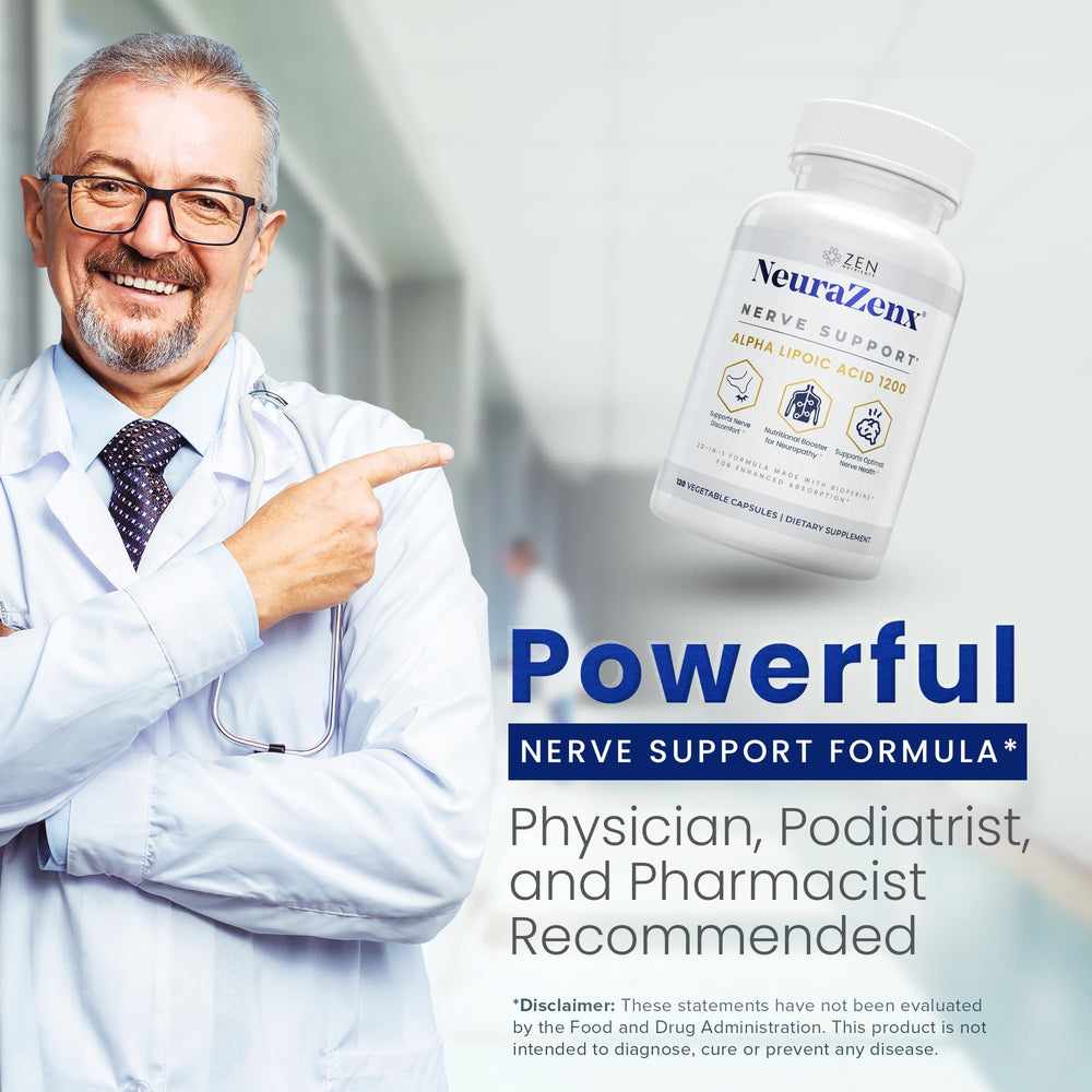 Zen Nutrients NeuraZenX L-Carnitine capsules beside bottle for nerve support.