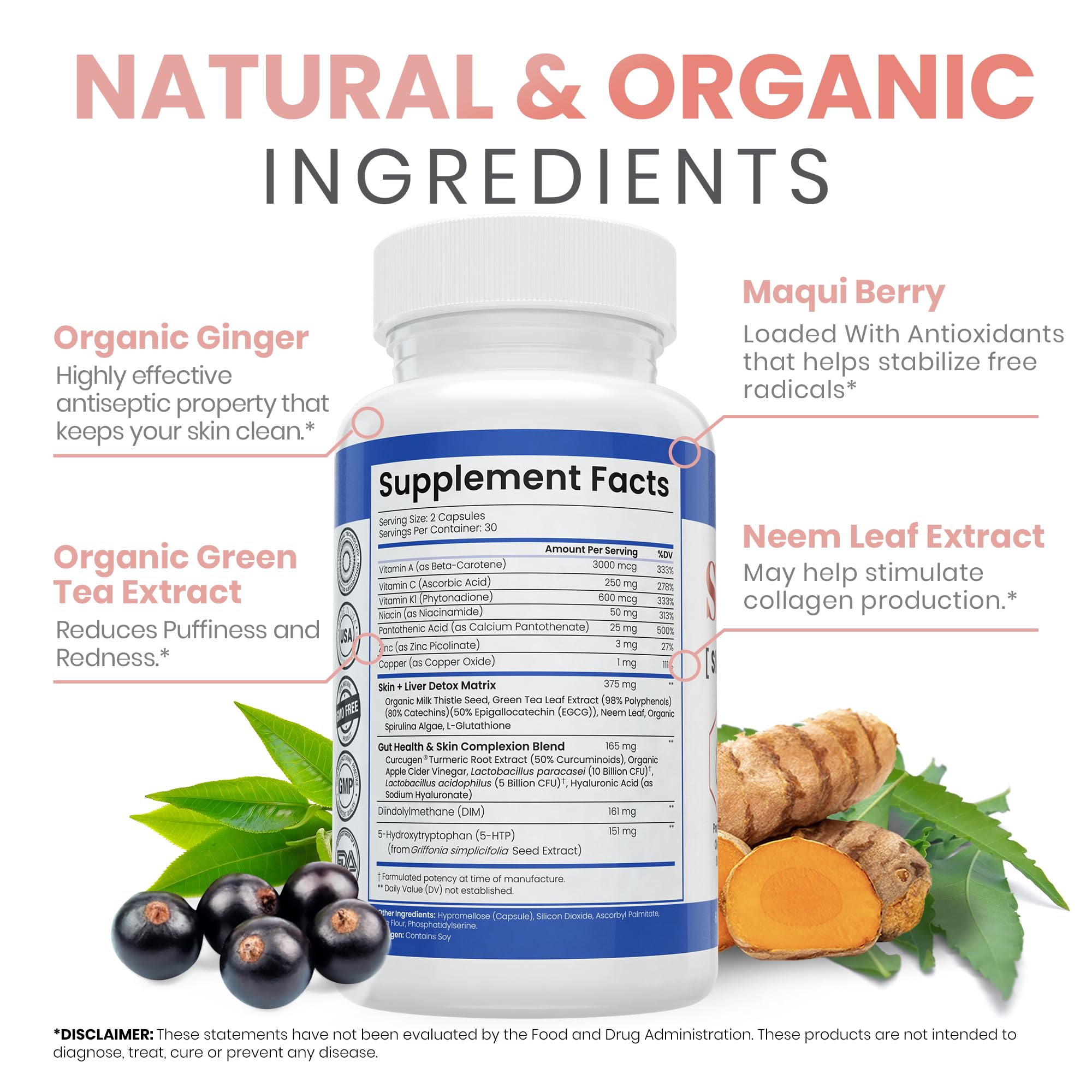 Natural plant ingredients surrounding a SkinVite bottle for detox
