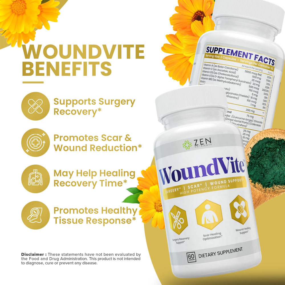 Zen Nutrients WoundVite bottle placed beside recovery essentials