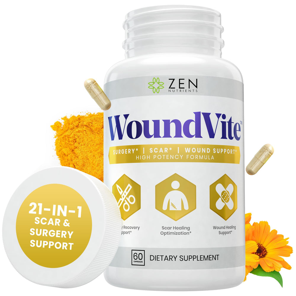 Zen Nutrients WoundVite bottle and vegan capsules for recovery and scar care