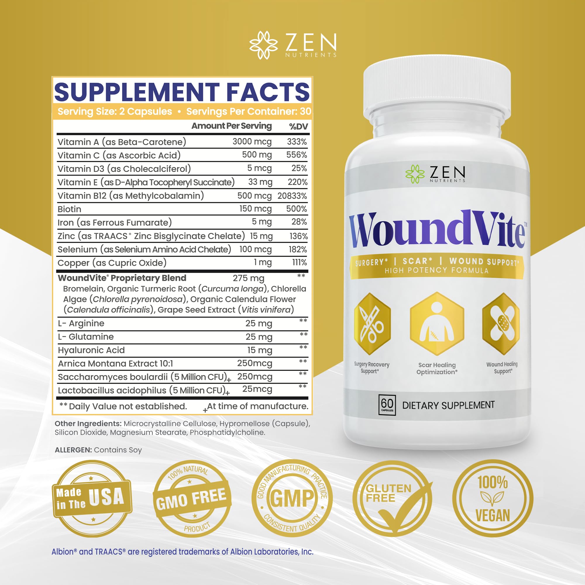 Zen Nutrients WoundVite label close-up highlighting vegan formulation