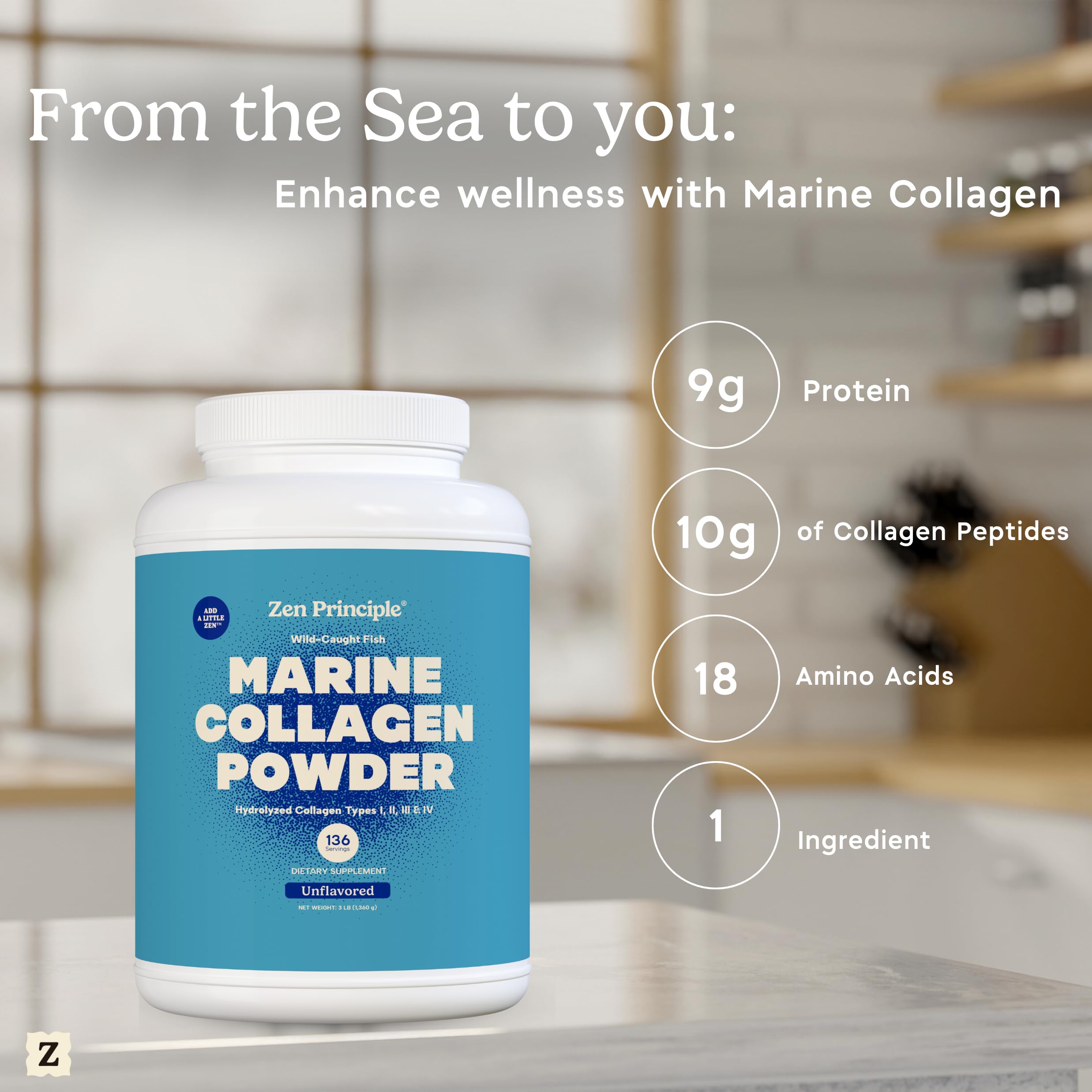 Zen Principle canister labeled wild-caught, non-GMO marine collagen powder