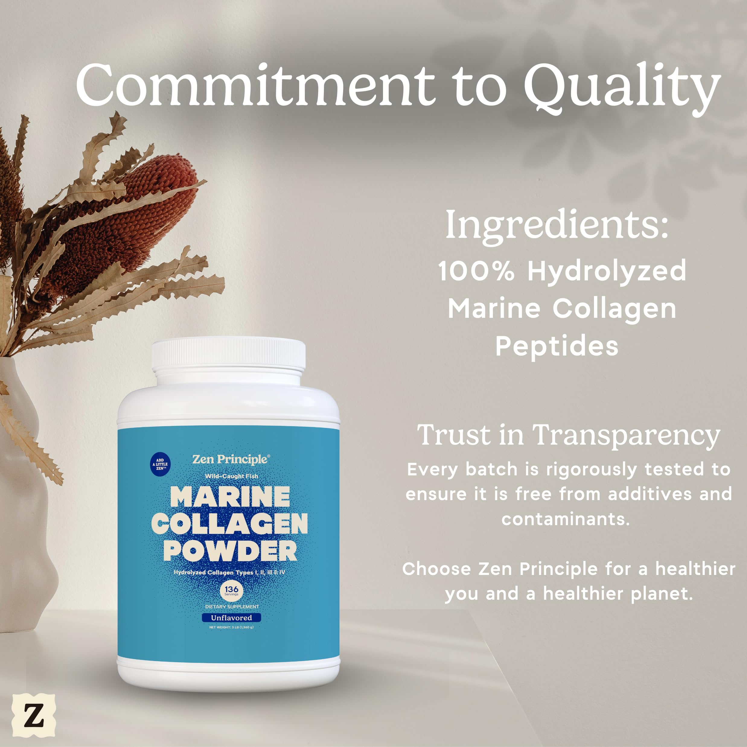 Zen Principle marine collagen powder on a shelf with eco branding