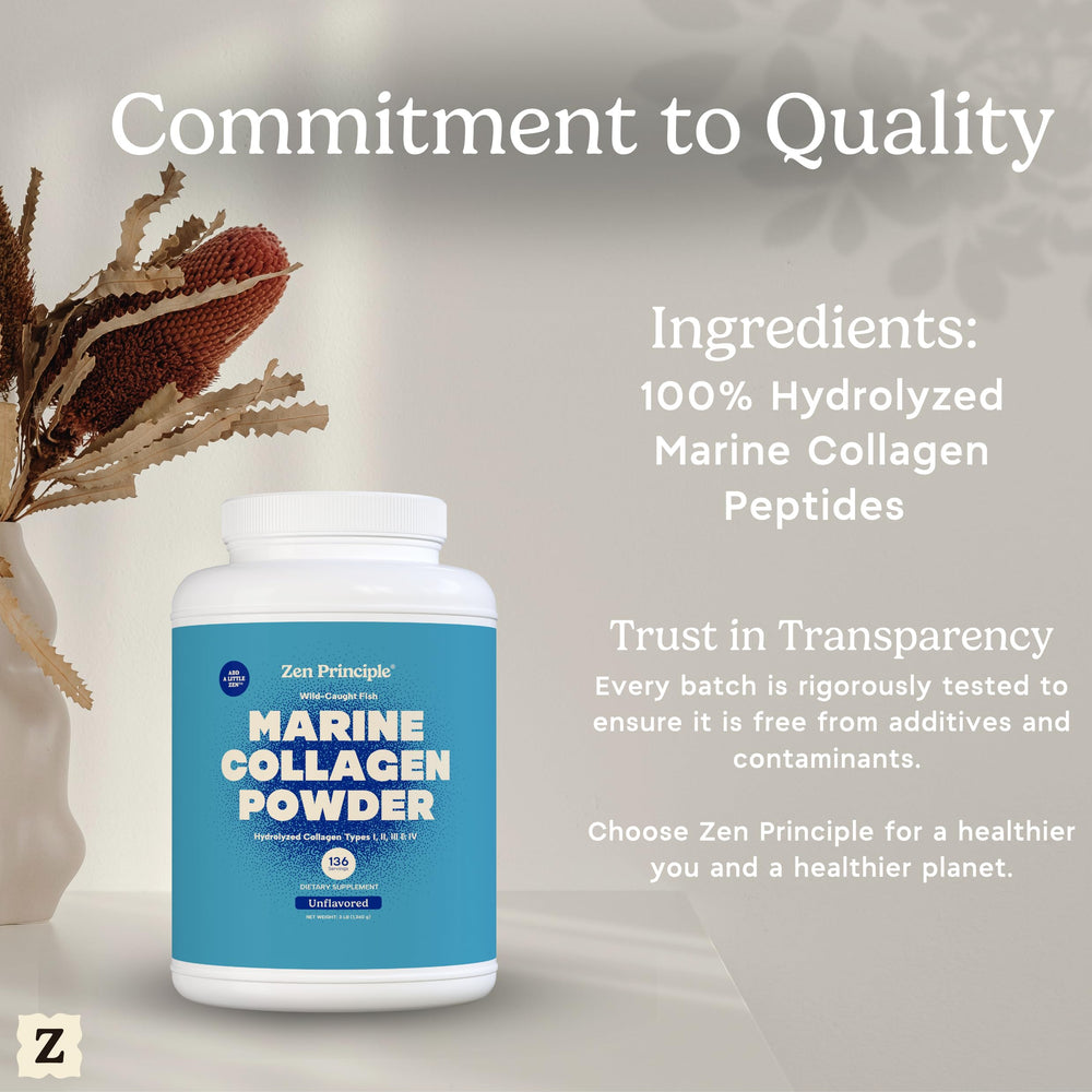 Zen Principle marine collagen powder on a shelf with eco branding