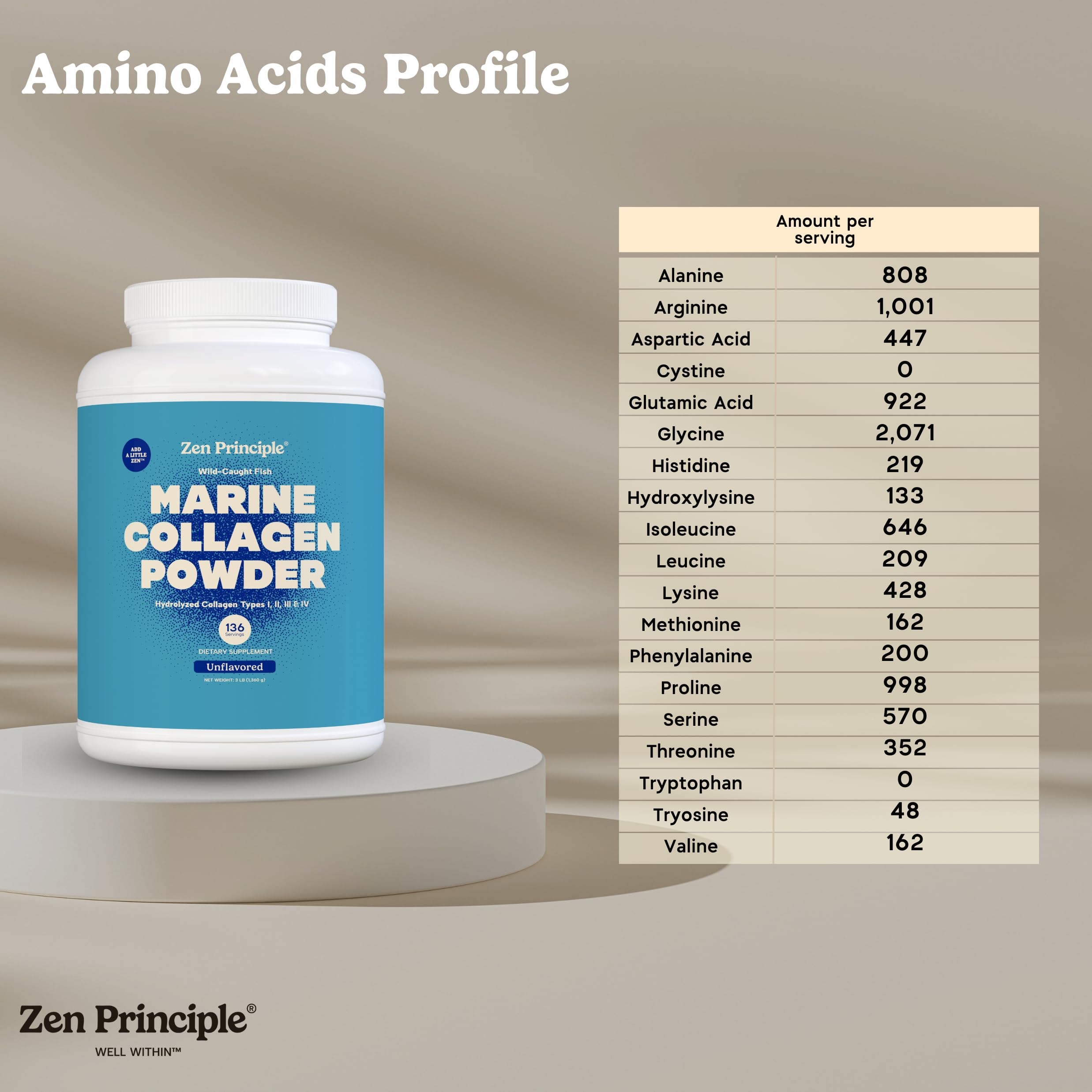 Zen Principle marine collagen powder being poured into a beverage