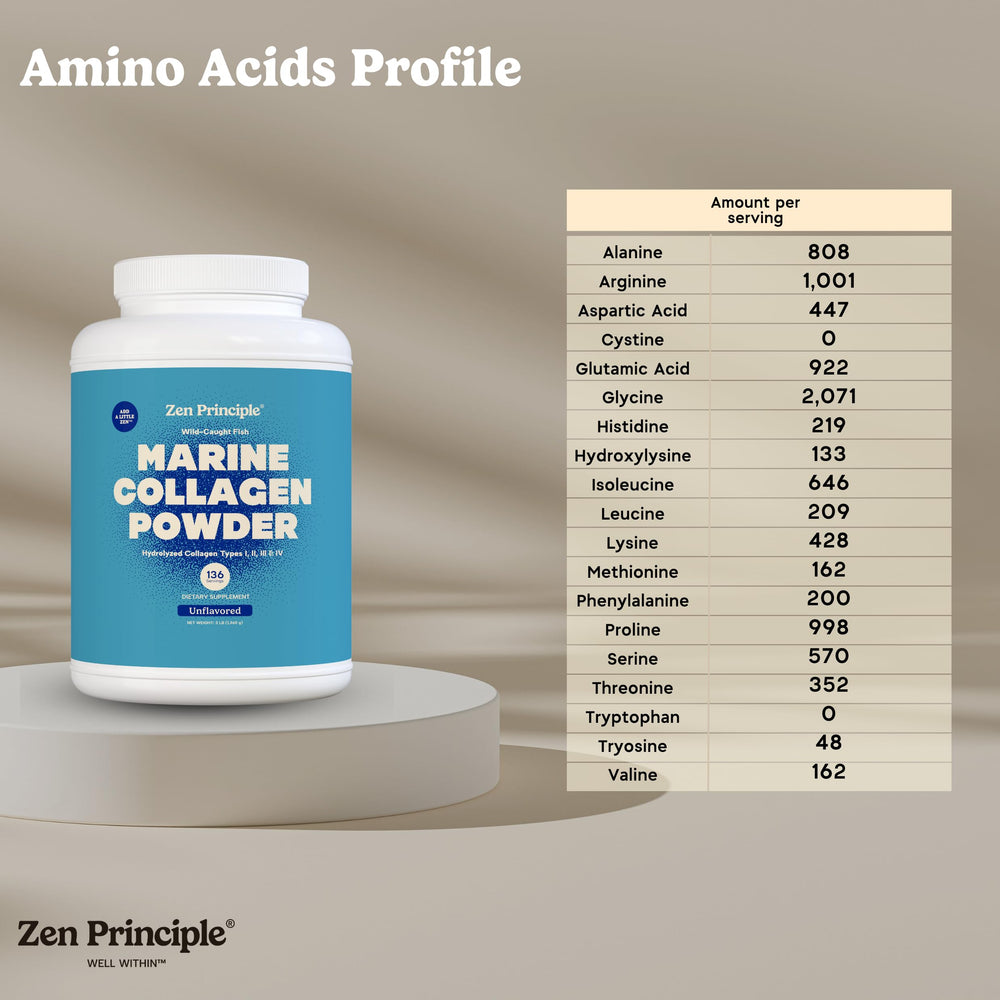 Zen Principle marine collagen powder being poured into a beverage