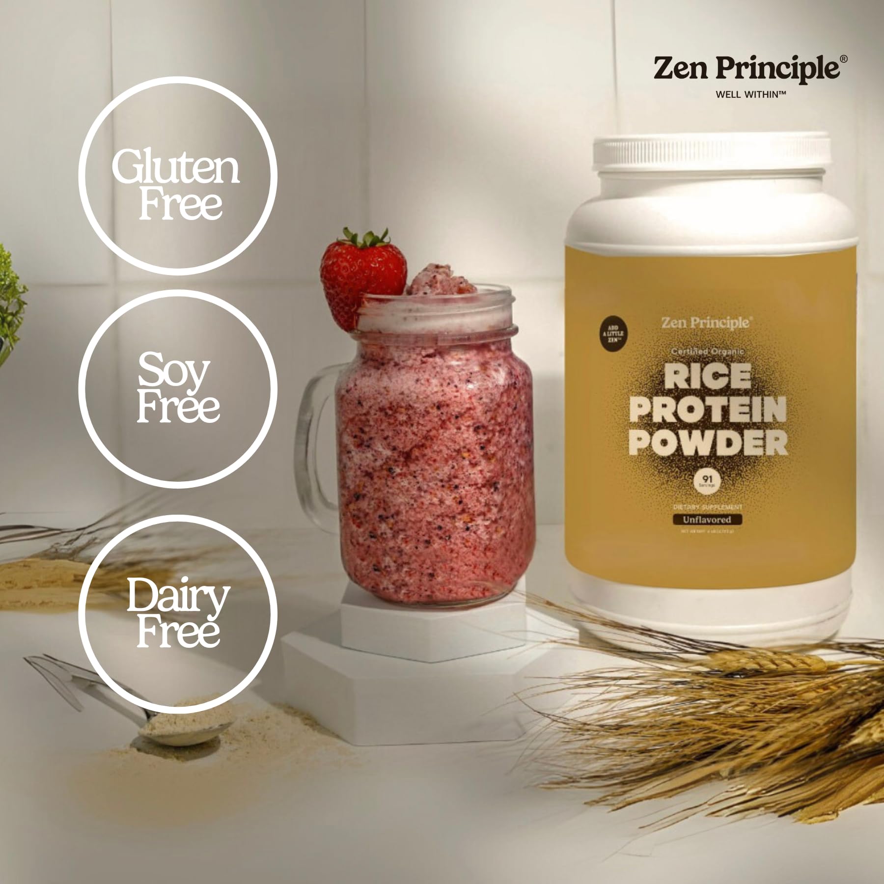 Zen Principle Organic Brown Rice Protein label highlights USDA Organic and non GMO