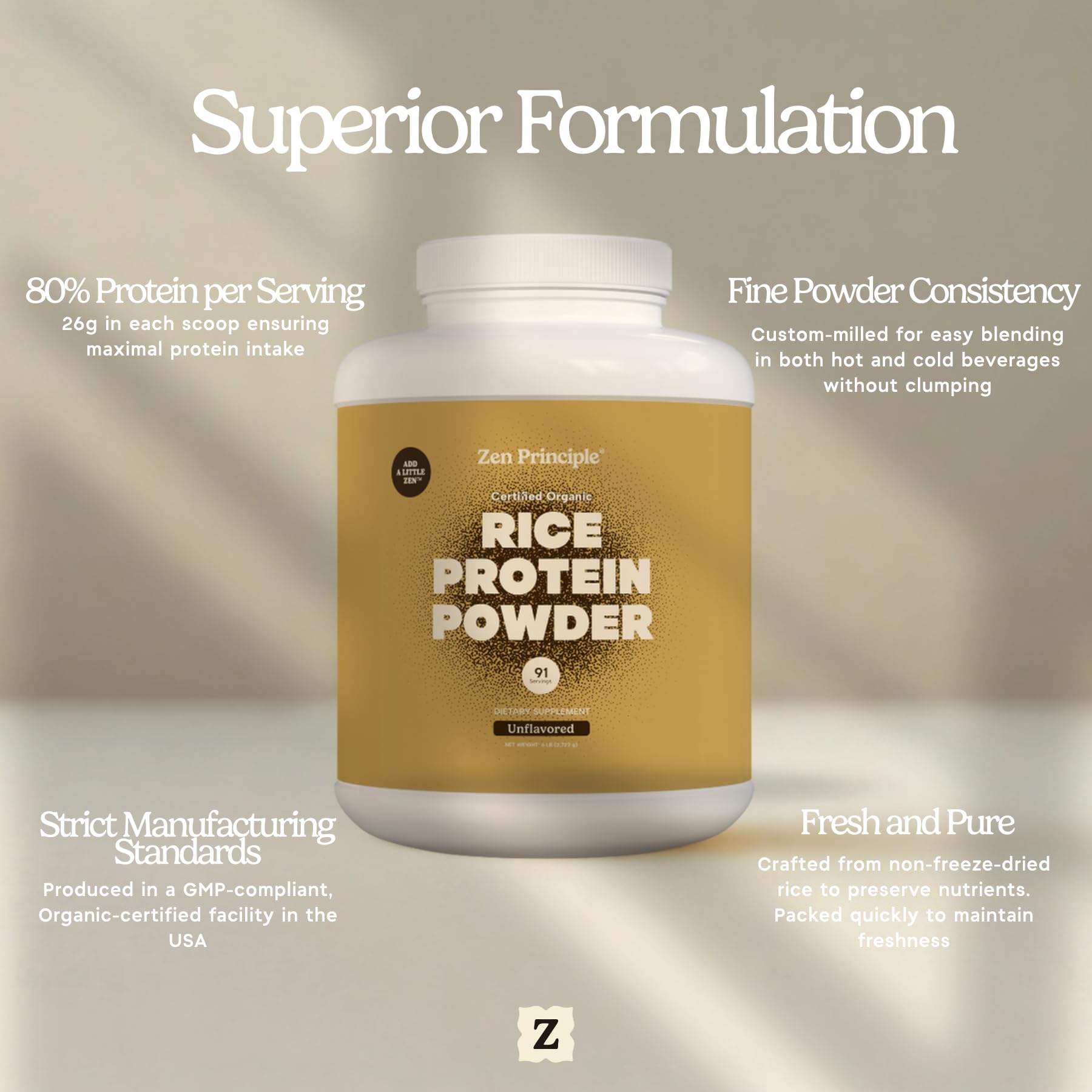 Zen Principle Organic Brown Rice Protein product label confirms vegan and allergen free attributes