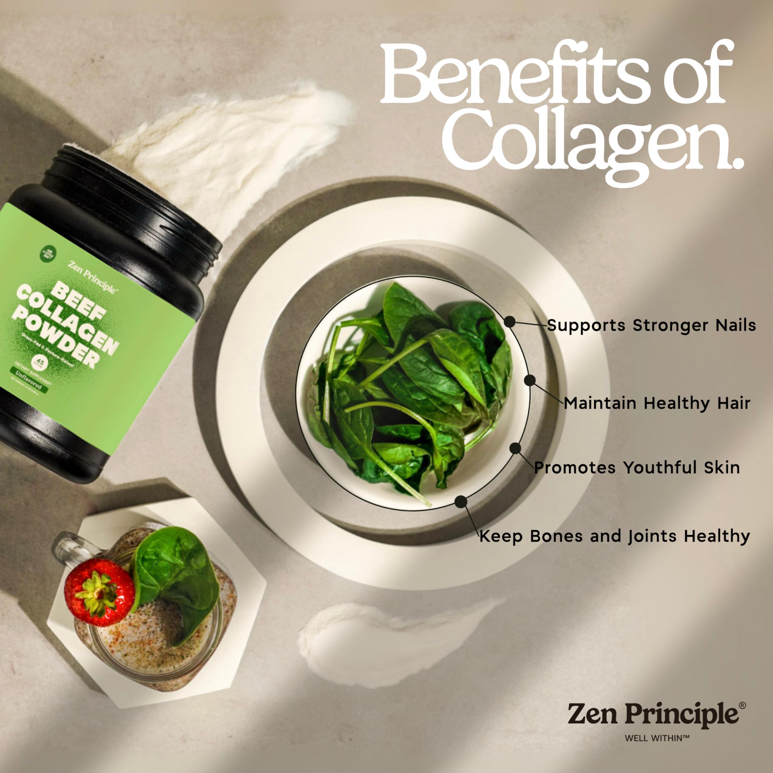 Zen Principle type 1 and 3 collagen blend close-up highlighting amino acids.