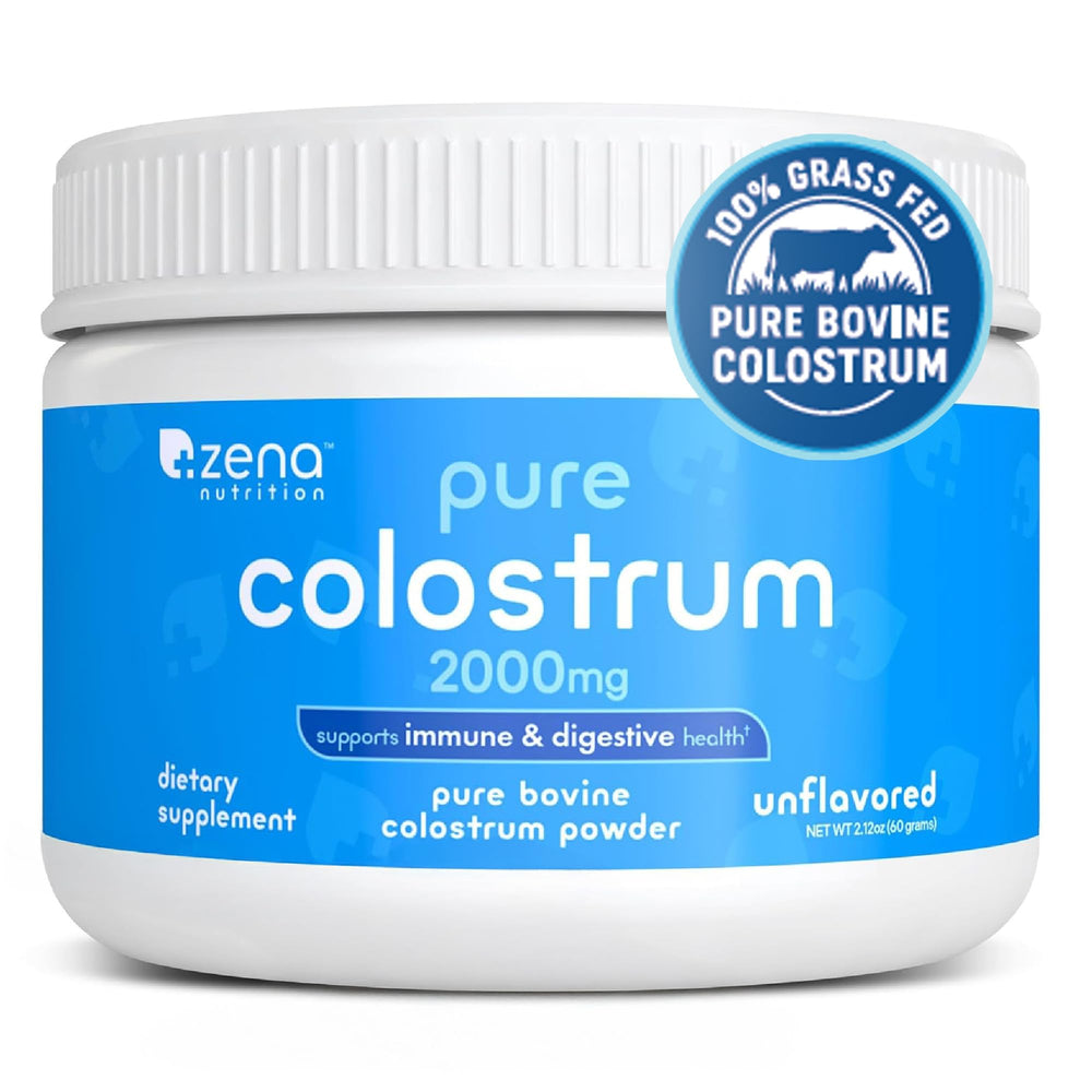 Zena Nutrition bovine colostrum powder jar close-up highlights purity and quality.