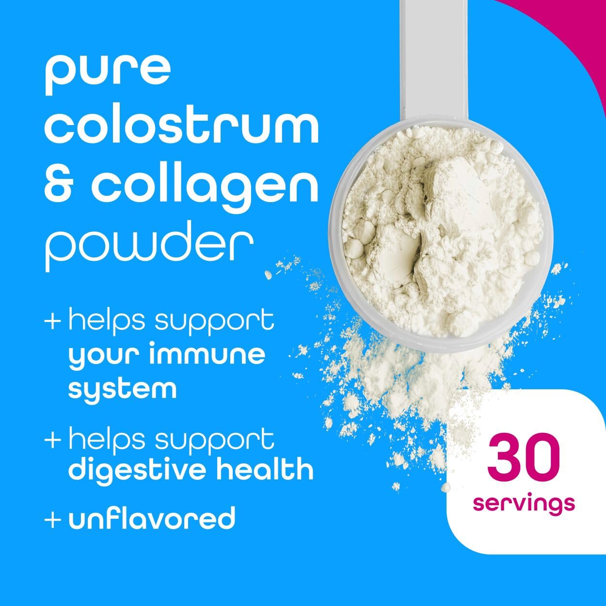 Zena Nutrition colostrum collagen powder scoop highlighting easy mixing into drinks.
