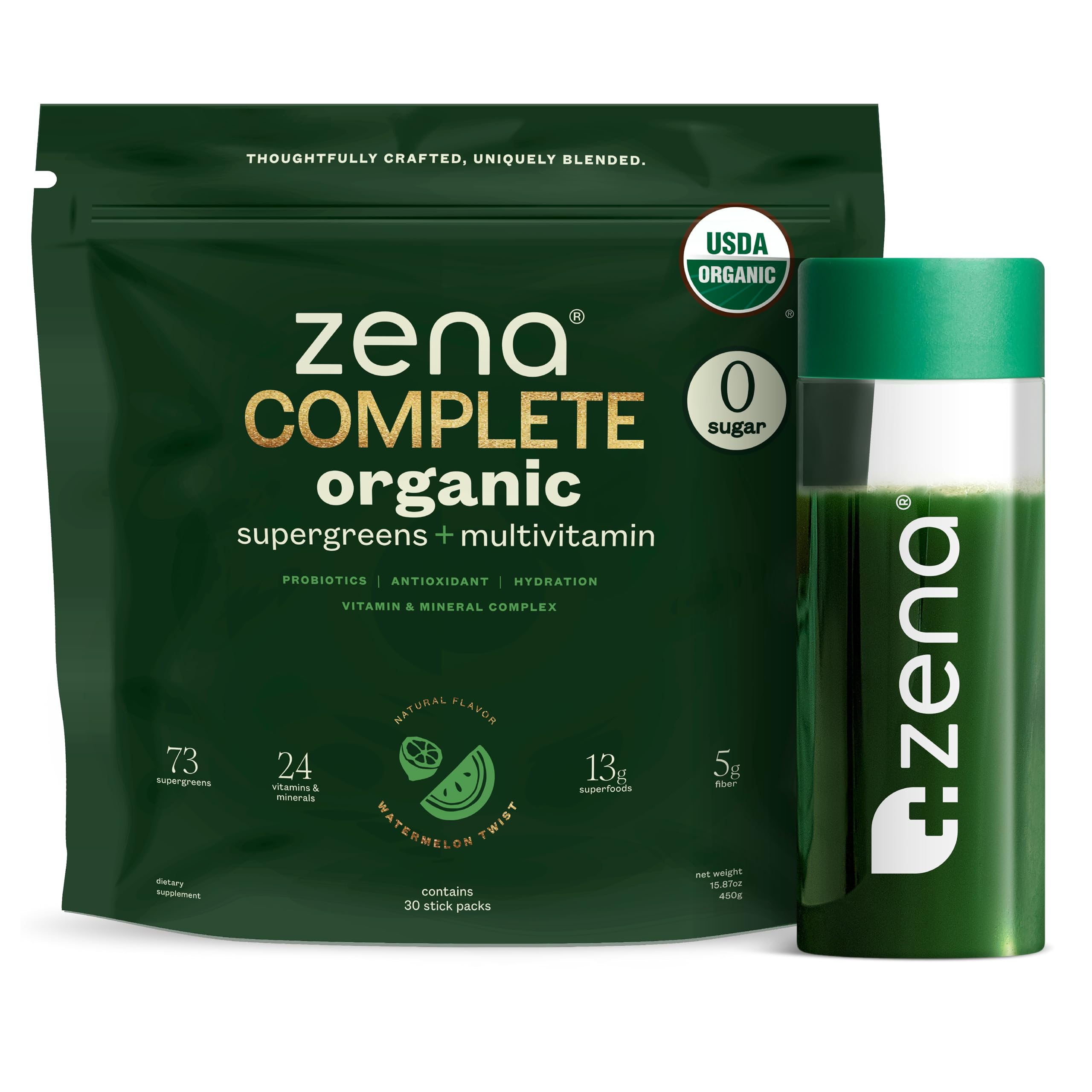 Zena Nutrition complete greens bottle featuring convenient daily supplement.